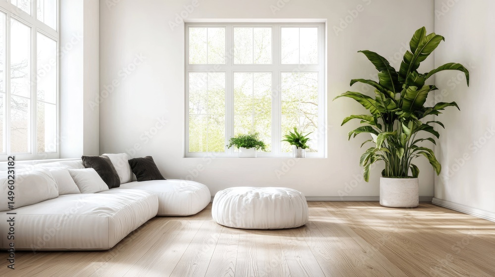 Obraz premium A white-walled living room with hardwood floors and a big green plant.