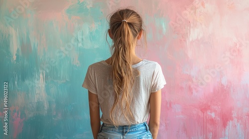Woman, back view, pastel wall, studio, interior design