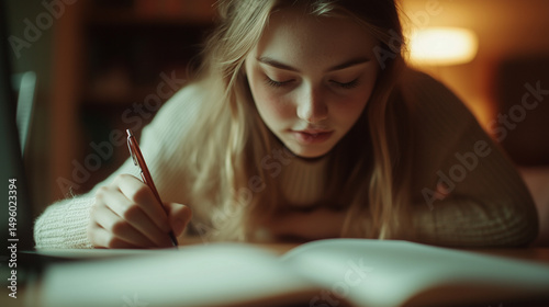 Focused student studying intently at a desk in a warm, dimly lit room during the evening
