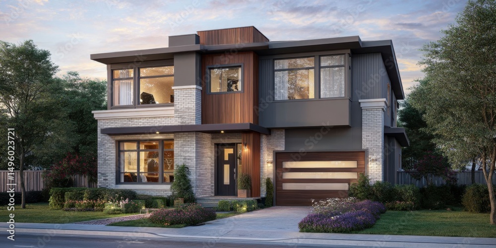 Fototapeta premium Modern New Home Exterior at Dusk with Soft Lighting and Contemporary Architecture