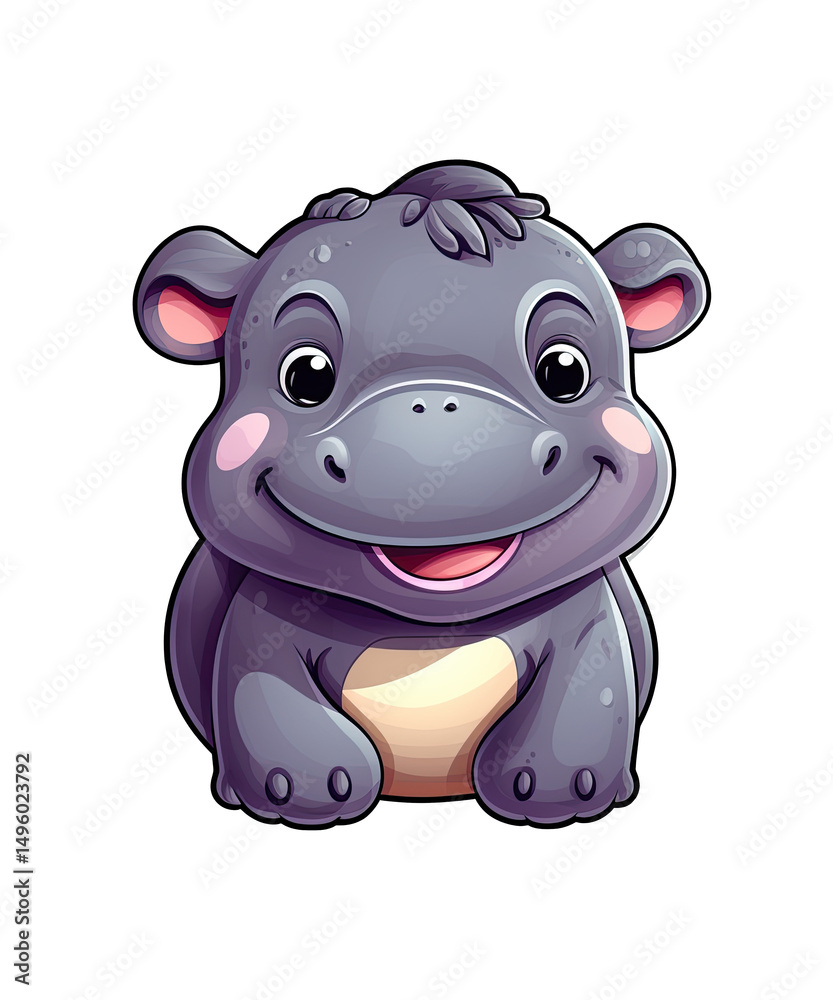 Naklejka premium A funny, pink baby hippo cartoon illustration with a cute smile makes for a wild and fun safari animal character drawing