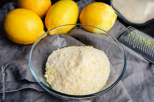 Homemade Lemon Sugar in a Glass Bowl: Sugar mixed with grated lemon peel lemon zest with fresh lemons in the background photo