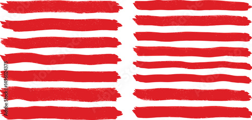 Crayon underline collection of red textured horizontal brushstrokes - rough, uneven lines with varying length and thickness. 