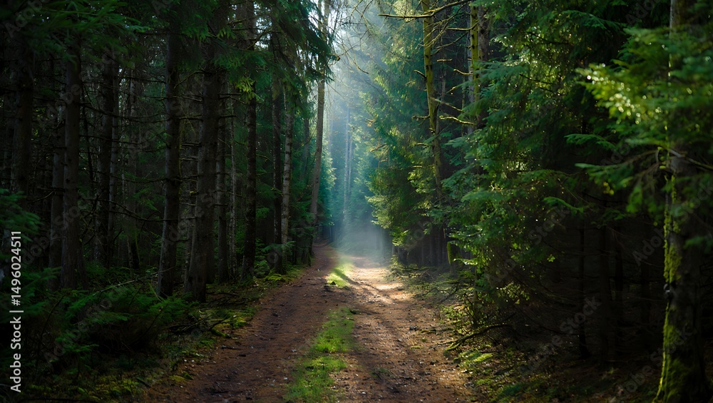 Fototapeta premium Sunlit Path Through Dense Evergreen Forest Misty Morning Atmosphere
