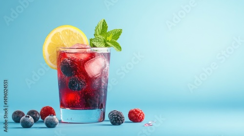 Wallpaper Mural Berry beverage with ice, lemon, and mint in glass on blue background. Torontodigital.ca