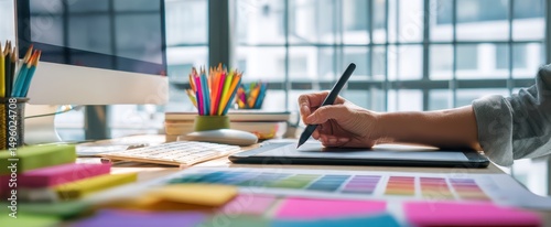The creative designer working at a colorful desk with digital tools. photo