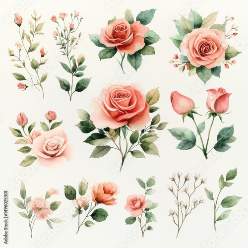 Elegant Watercolor Floral Collection: Roses, Buds, and Greenery Illustration
