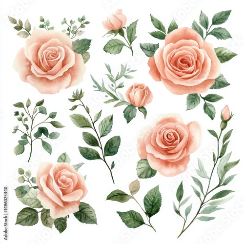 Watercolor Roses and Greenery Elements, Floral Arrangements, Clipart on White
