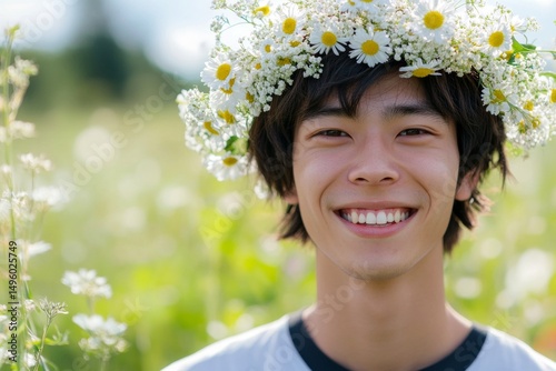 Sunny daylight. Handsome asian young guy wearing white flower circlet on his head. Symbol of a happy sunny days. Man in nature with flowers. Vibrant summer atmosphere for men. Nature lover man.