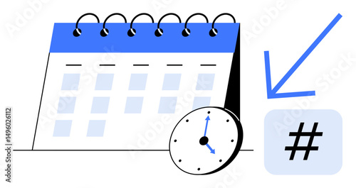 Spiral calendar with square dates, clock symbolizing time, and metadata tag spotlighted by arrow. Ideal for organization, planning, digital strategy, scheduling, productivity, content creation