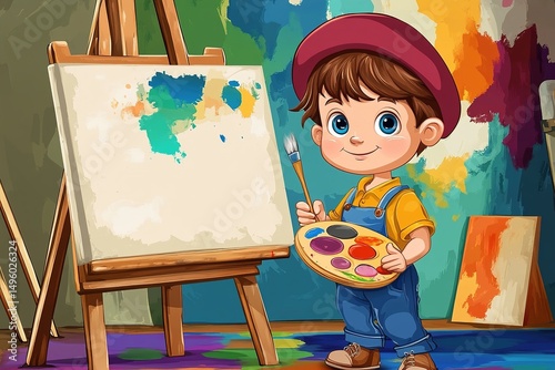 Young artist painting in a vibrant studio with colorful tools and creativity