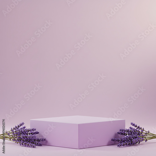 Minimalist lavender presentation stage with floral accents for product displays