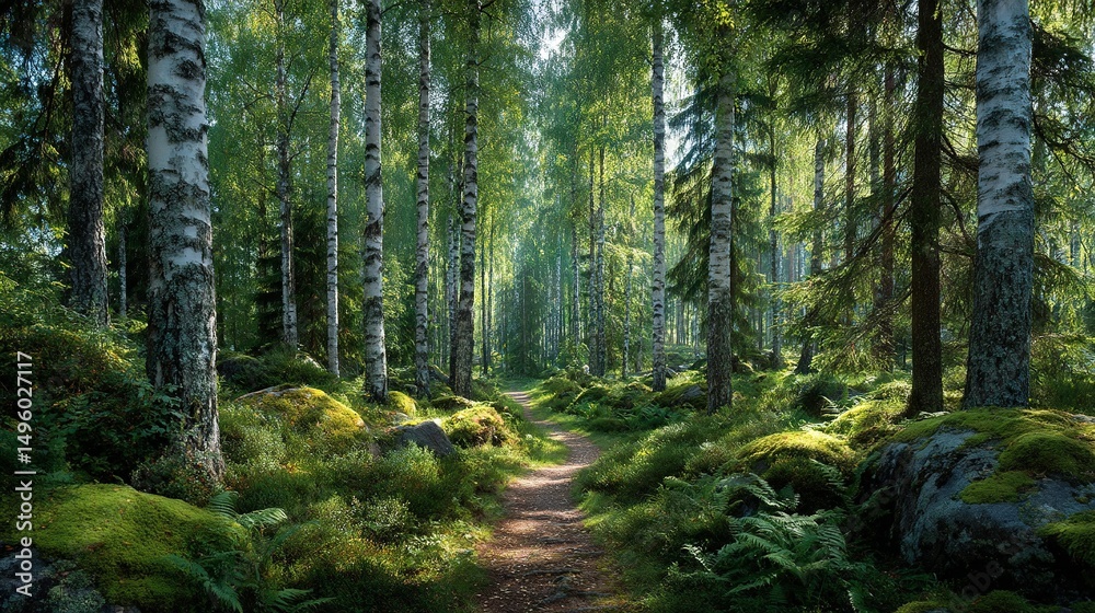 Obraz premium A path lined with trees and grass in a wooded area