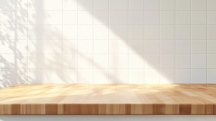 Clean white kitchen background with empty wooden tabletop for product display