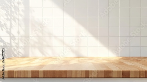 Clean white kitchen background with empty wooden tabletop for product display