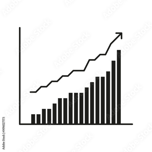 Bar Chart With Upward Arrow Solid Icon. Business Growth, Financial Success, And Economic Progress Silhouette Symbol. Data Analysis And Performance Tracking. Isolated Vector Illustration