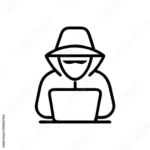 Person in a hood with dark glasses using a laptop in a simple line drawing style graphic design icon