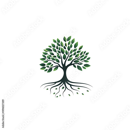 Beautiful green tree with leaves and roots illustration isolated on white background
