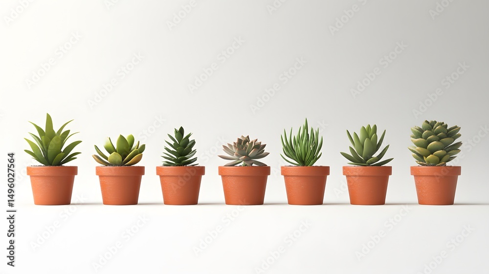 Fototapeta premium Arrangement of miniature succulent plants in terracotta pots.
