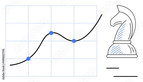 Rising line graph with blue points on grid and knight chess piece symbolizes strategy, growth, data trends, analysis. Ideal for business, strategy, success, trends analytics leadership. Flat simple