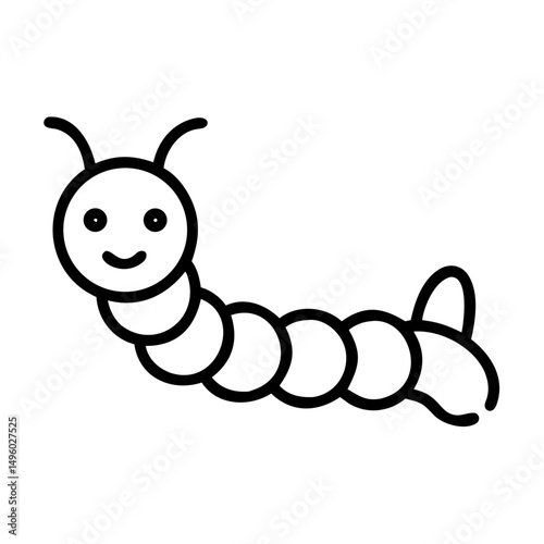 A simple graphic of a smiling caterpillar with antennae and segmented body on a white background image