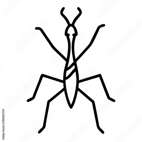 Stylized depiction of a praying mantis with thin lines and minimalist design elements present here now