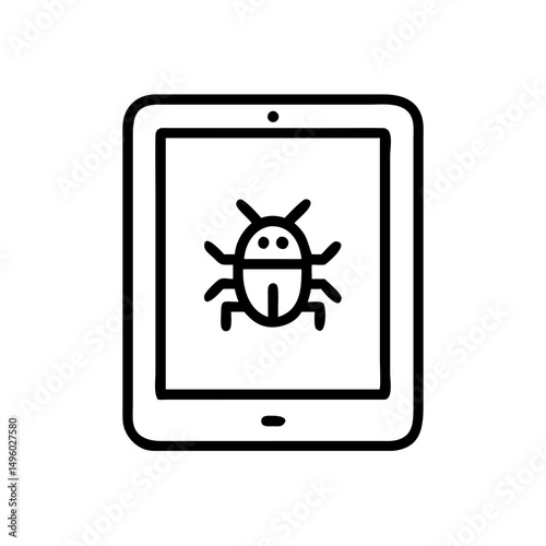 A tablet displaying a bug on its screen suggesting a problem with the system or software issue present