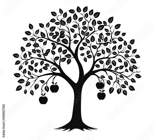 Black silhouette illustration of an apple tree with leaves and hanging fruit on white background