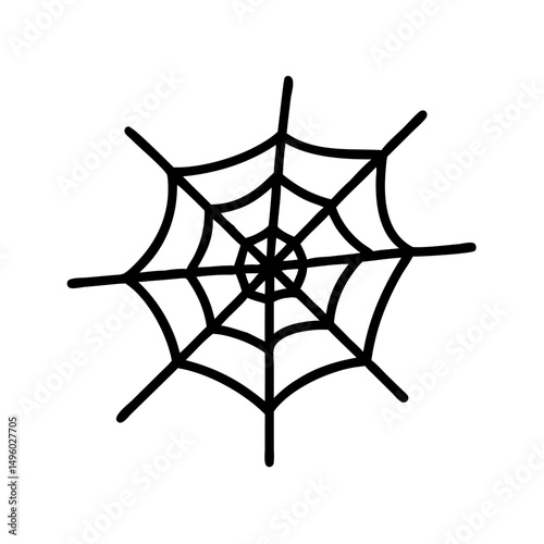 A simple graphic of a spiderweb with a black outline on a white background is displayed here