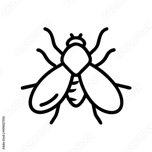 Simple graphic representation of a housefly with wings and segmented body in black outline design