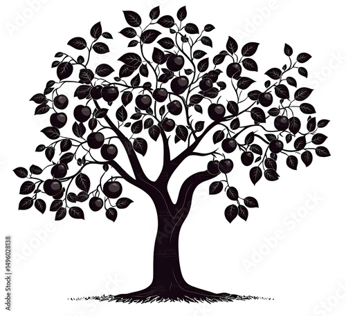Black silhouetted apple tree with ripe fruit and leaves isolated on white background