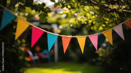 Colorful triangle flags on rope in garden setting for festive event.