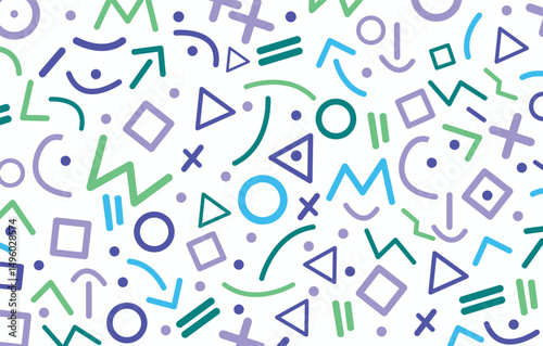 Modern set of basic shapes including arrow, triangle, circle,  zigzag, spiral, and wavy lines. Stylish Memphis-inspired geometric pattern. Fun and abstract retro background in 80s and 90s.