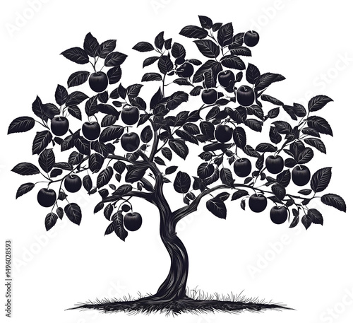 Elegant black and white illustration of a detailed apple tree laden with ripe fruit
