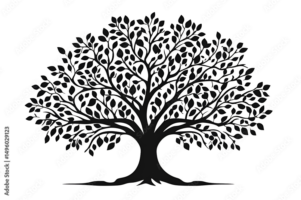 Fototapeta premium Elegant black and white silhouette of a tree with lush leaves and branches isolated