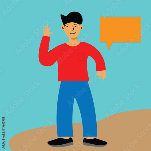 Flat Style Man Waving Hand with Speech Bubble on Colorful Background