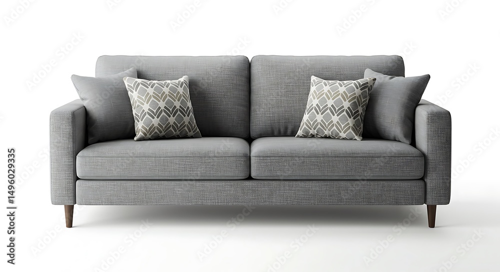Fototapeta premium Modern Gray Sofa with Patterned Cushions on White