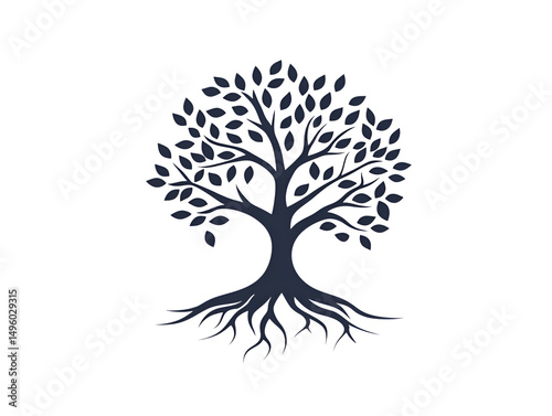 Elegant silhouette illustration of a healthy tree with roots and lush foliage on white background