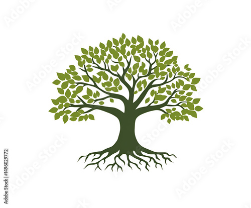 Green tree silhouette illustrating nature growth ecology environment and symbolism on white background