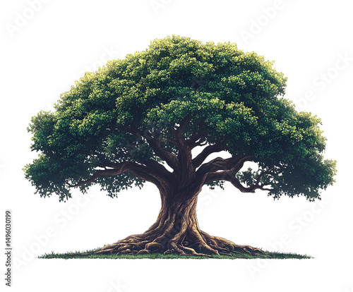 Majestic illustration of a large old tree with vibrant green foliage and textured bark on white background
