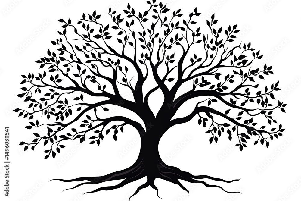 Obraz premium Silhouette illustration of a majestic tree with leaves and roots against a white background