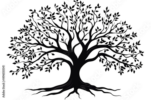 Silhouette illustration of a majestic tree with leaves and roots against a white background