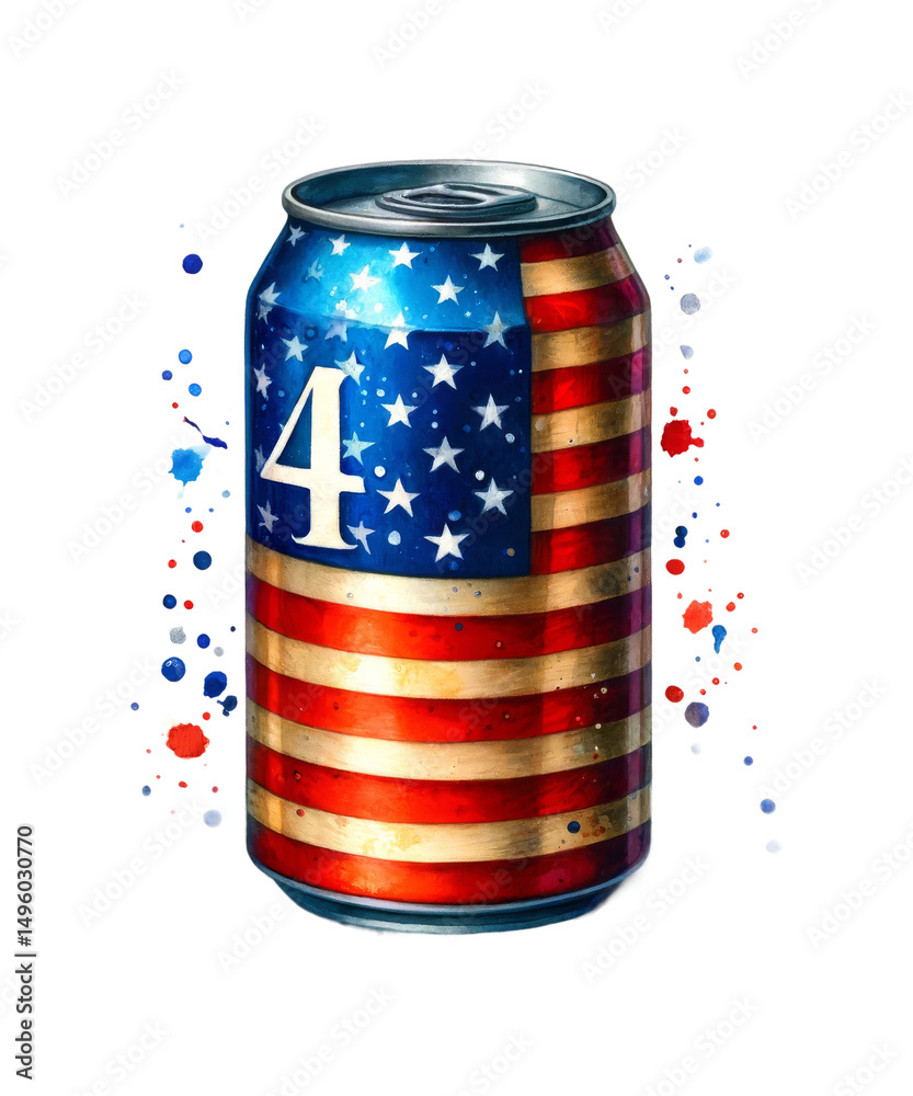 Fototapeta premium American flag 4th of July isolated drink can in a white barrel container