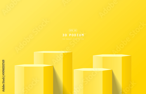 Abstract yellow 3d background in bright studio room. Four realistic 3d hexagon podium pedestal. 3d stage for show product. Minimal wall scene for product mockup. 3d vector geometric platform.