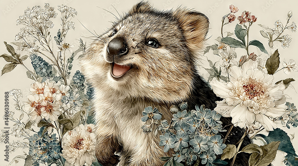Obraz premium A furry dog surrounded by flowers and foliage with its mouth open and tongue out, displaying a wide grin