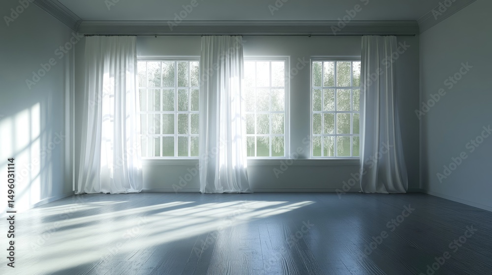 Obraz premium Empty room with white curtains and backlit window
