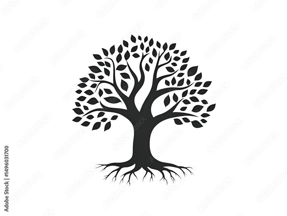Naklejka premium Simple black silhouette illustration of a tree with leaves and detailed root system