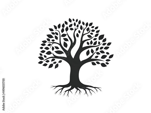 Simple black silhouette illustration of a tree with leaves and detailed root system