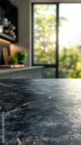 Wallpaper Mural Black marble kitchen countertop with sunlight streaming through large windows in a modern home setting Torontodigital.ca