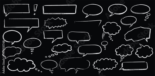 Crayon or chalk speech bubble set - hand drawn sketchy chat clouds, oval shapes dialog boxes, thought balloons, communication design elements in doodle